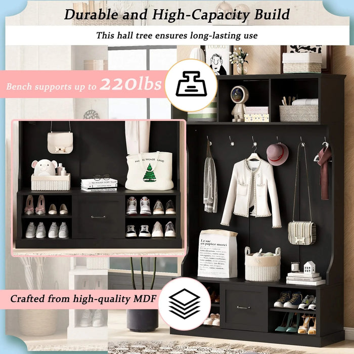 U-Can 57'' Hall Tree with 6 Hooks, Coat Hanger, Entryway Bench, 3-in-1 Design, A Spacious Drawer for Entrance,Living Room Default -DTYStore