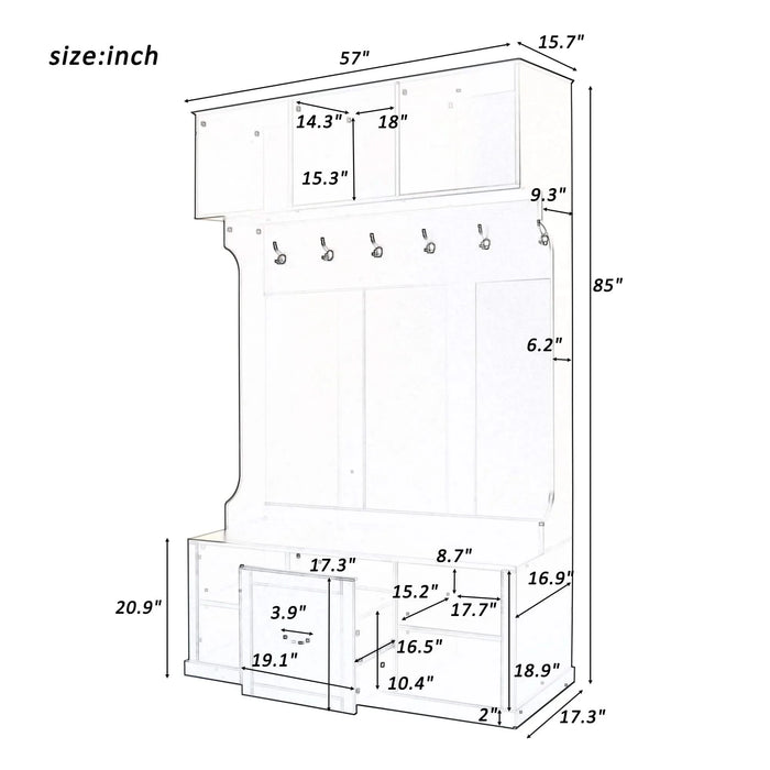 U-Can 57'' Hall Tree with 6 Hooks, Coat Hanger, Entryway Bench, 3-in-1 Design, A Spacious Drawer for Entrance,Living Room Default -DTYStore