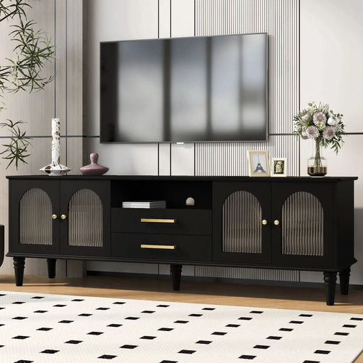 U-Can 68.9'' Retro TV Stand for TVs up to 75 Inches, Entertainment Center Media Console with Fluted Glass Doors and Five Solid Wood Legs for Living room(OLD SKU:N724P198468B) - DTY Store