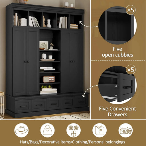 U-Can 78.7''H Hall Tree with Bench and 5 Storage Cubbies, Modern Entryway Storage Organizer Cabinet with 4 Doors, 5 Drawers and Adjustable Shelves for Hallway, Entryway, Living Room Default -DTYStore