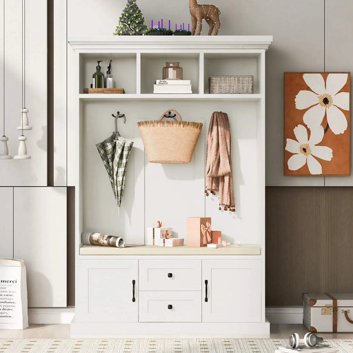 U-Can Hall Tree with 3 Hooks , Coat Hanger, Entryway Bench, Storage Bench, 3-in-1 Design, 47.2INCH, for Entrance, Hallway (White) Default -DTYStore