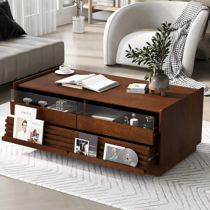U-Can Modern Rectangle Coffee Table with 4 Drawers and 2 Display Shelves, 47.2' Wood Coffee Table with Fluted Style, Tempered Glass for Living Room Default -DTYStore