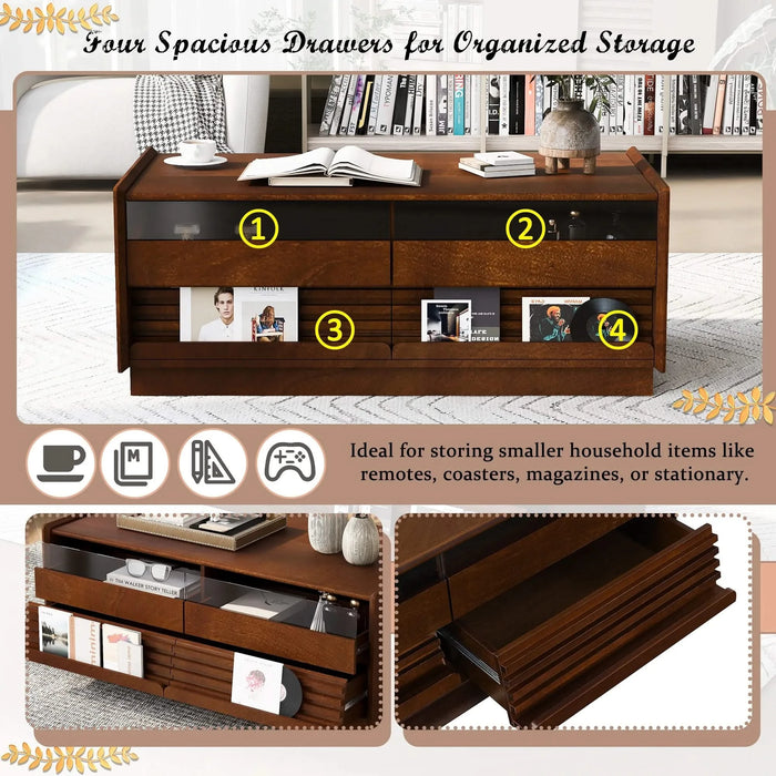 U-Can Modern Rectangle Coffee Table with 4 Drawers and 2 Display Shelves, 47.2' Wood Coffee Table with Fluted Style, Tempered Glass for Living Room Default -DTYStore