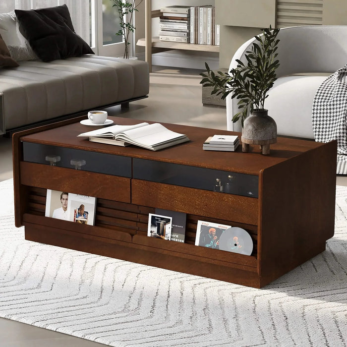 U-Can Modern Rectangle Coffee Table with 4 Drawers and 2 Display Shelves, 47.2' Wood Coffee Table with Fluted Style, Tempered Glass for Living Room Default -DTYStore