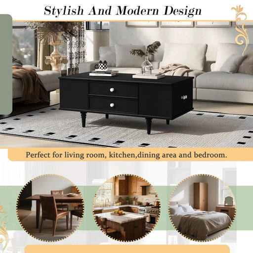 U-Can Modern Rectangle Coffee Table with Four Drawers, Two Side Hidden Storage Compartments, 47.2' Wood Coffee Table with Metal Handles and Four Solid Wood Legs for Living Room Default -DTYStore