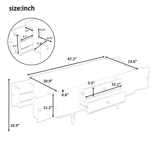U-Can Modern Rectangle Coffee Table with Four Drawers, Two Side Hidden Storage Compartments, 47.2' Wood Coffee Table with Metal Handles and Four Solid Wood Legs for Living Room Default -DTYStore