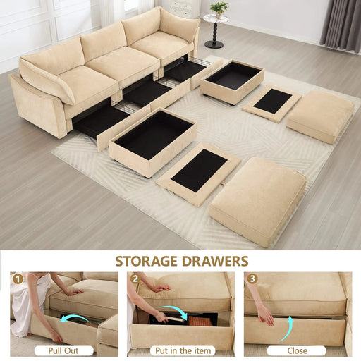 U-shaped 3-seater deep-seat sofa with footstools including 2 movablefootstoolscrescent-shapedarmrests,andwraparoundback and arm cushions,with a pull-out storage drawer under each seat chenille wheat Default -DTYStore