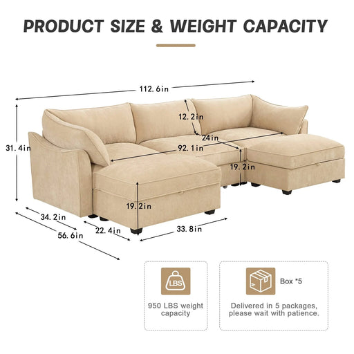 U-shaped 3-seater deep-seat sofa with footstools including 2 movablefootstoolscrescent-shapedarmrests,andwraparoundback and arm cushions,with a pull-out storage drawer under each seat chenille wheat Default -DTYStore