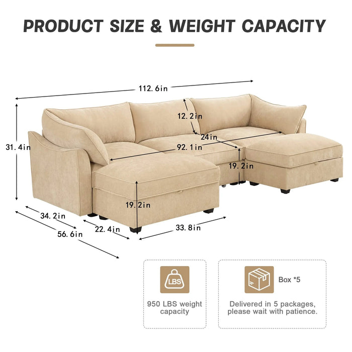 U-shaped 3-seater deep-seat sofa with footstools including 2 movablefootstoolscrescent-shapedarmrests,andwraparoundback and arm cushions,with a pull-out storage drawer under each seat chenille wheat Default -DTYStore