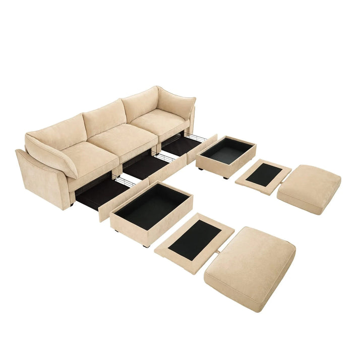 U-shaped 3-seater deep-seat sofa with footstools including 2 movablefootstoolscrescent-shapedarmrests,andwraparoundback and arm cushions,with a pull-out storage drawer under each seat chenille wheat Default -DTYStore