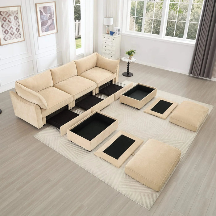 U-shaped 3-seater deep-seat sofa with footstools including 2 movablefootstoolscrescent-shapedarmrests,andwraparoundback and arm cushions,with a pull-out storage drawer under each seat chenille wheat Default -DTYStore