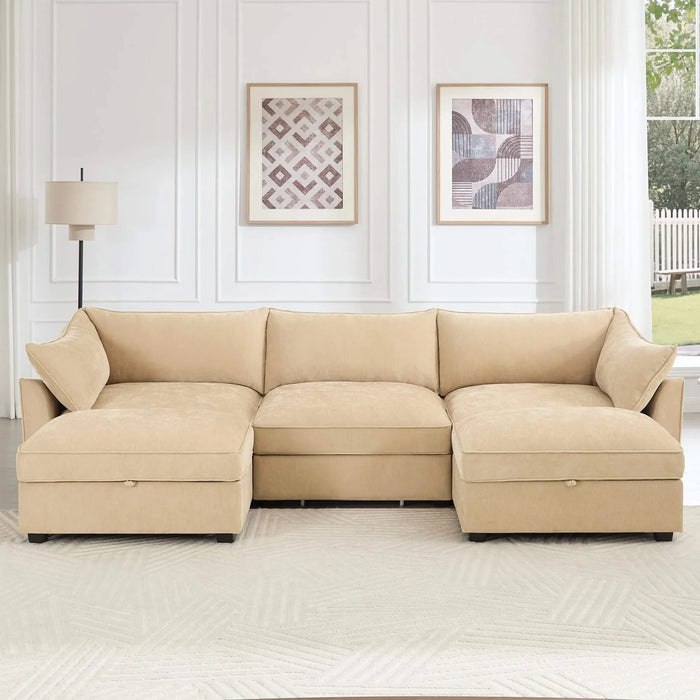 U-shaped 3-seater deep-seat sofa with footstools including 2 movablefootstoolscrescent-shapedarmrests,andwraparoundback and arm cushions,with a pull-out storage drawer under each seat chenille wheat Default -DTYStore