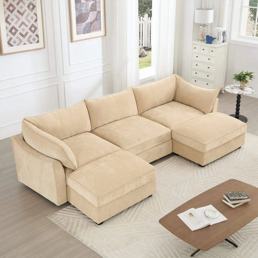 U-shaped 3-seater deep-seat sofa with footstools including 2 movablefootstoolscrescent-shapedarmrests,andwraparoundback and arm cushions,with a pull-out storage drawer under each seat chenille wheat Default -DTYStore