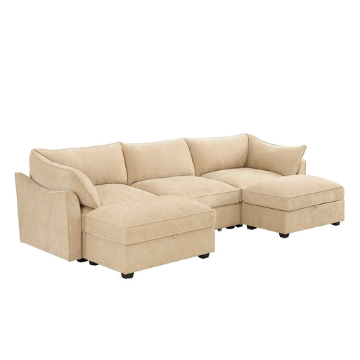 U-shaped 3-seater deep-seat sofa with footstools including 2 movablefootstoolscrescent-shapedarmrests,andwraparoundback and arm cushions,with a pull-out storage drawer under each seat chenille wheat Default -DTYStore