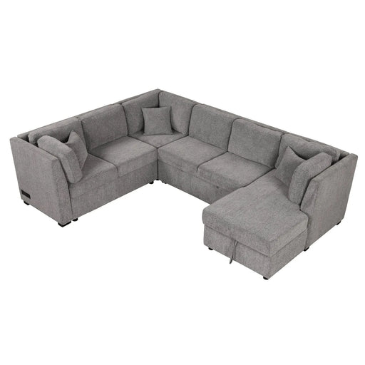 U-shaped Sectional Sofa Pull out Sofa Bed with USB Ports, Power Sockets, Storage Chaise, Light Gray Chenille, 108.6' Default -DTYStore