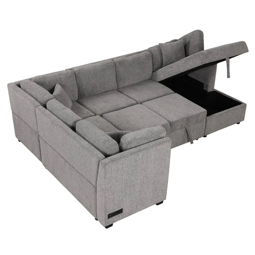 U-shaped Sectional Sofa Pull out Sofa Bed with USB Ports, Power Sockets, Storage Chaise, Light Gray Chenille, 108.6' Default -DTYStore