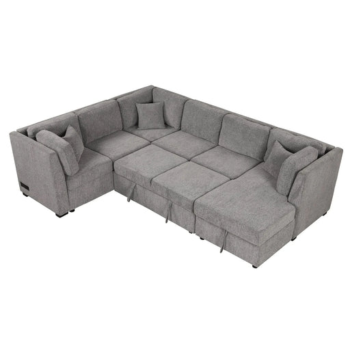 U-shaped Sectional Sofa Pull out Sofa Bed with USB Ports, Power Sockets, Storage Chaise, Light Gray Chenille, 108.6' Default -DTYStore