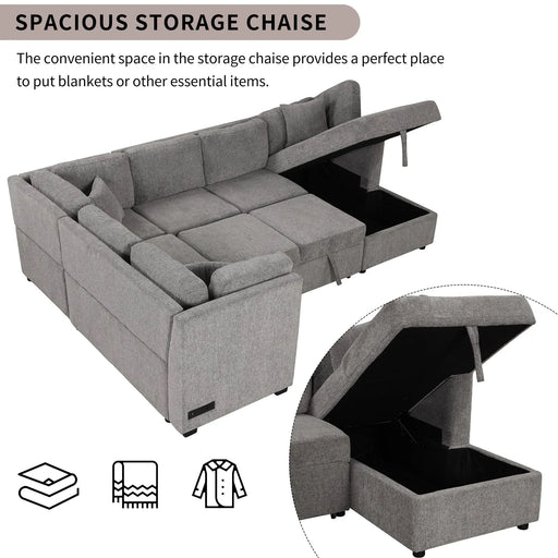 U-shaped Sectional Sofa Pull out Sofa Bed with USB Ports, Power Sockets, Storage Chaise, Light Gray Chenille, 108.6' Default -DTYStore