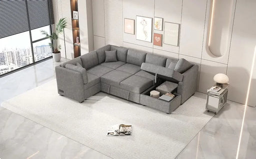 U-shaped Sectional Sofa Pull out Sofa Bed with USB Ports, Power Sockets, Storage Chaise, Light Gray Chenille, 108.6' Default -DTYStore