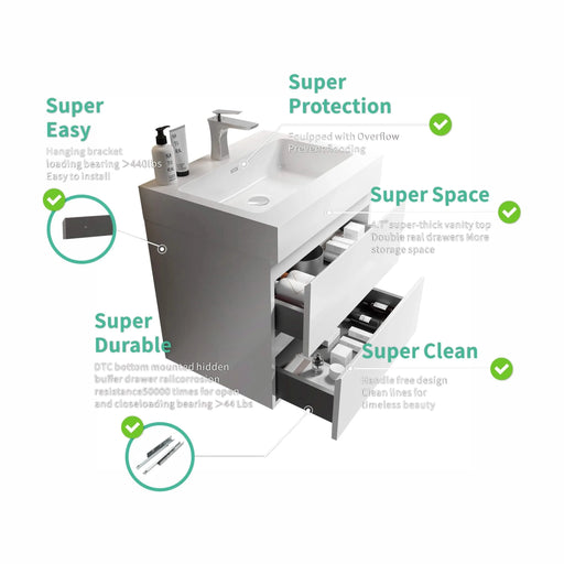 U005-Alice24-201 Alice 24' White Bathroom Vanity with Sink, Large Storage Wall Mounted Floating Bathroom Vanity for Modern Bathroom, One-Piece Sink Basin without Drain and Faucet, Pre-assembled Default -DTYStore