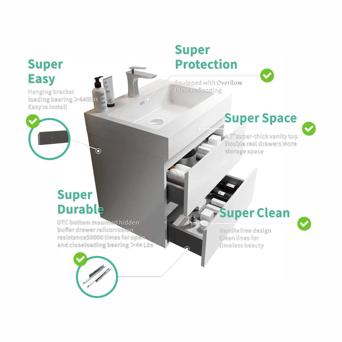 U005-Alice24-201 Alice 24' White Bathroom Vanity with Sink, Large Storage Wall Mounted Floating Bathroom Vanity for Modern Bathroom, One-Piece Sink Basin without Drain and Faucet, Pre-assembled Default -DTYStore