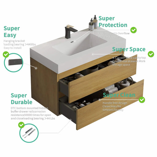 U041-Alice30-106 Alice 30' Natural Oak Bathroom Vanity with Sink, Large Storage Wall Mounted Floating Bathroom Vanity for Modern Bathroom, Pre-assembled Default -DTYStore