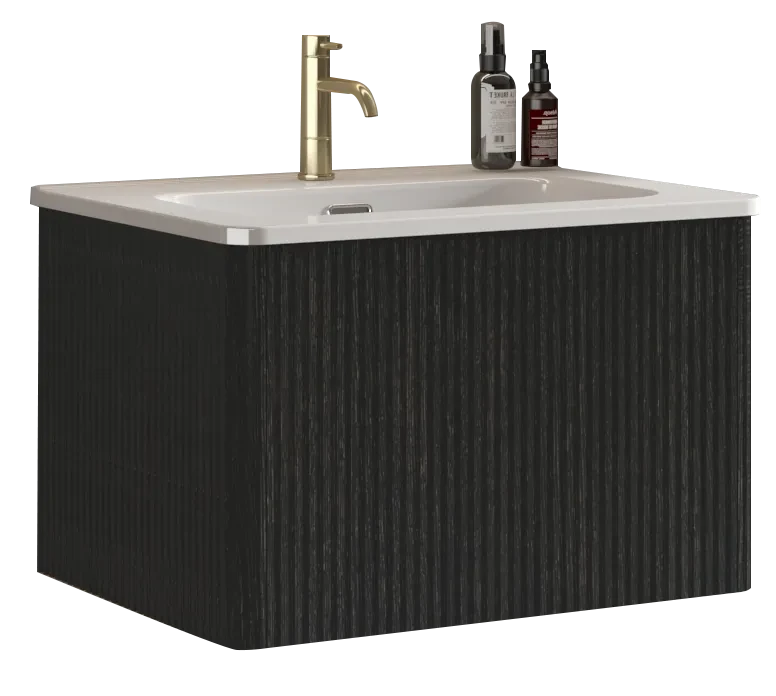 U056-Etna24W-308 Etna 24' Striped Brushed Black Oak Floating Bathroom Vanity with White Ceramic Sink, Bathroom Vanity for Modern Bathroom, One-Piece White Sink Basin without Drain, Pre-assembled Default -DTYStore