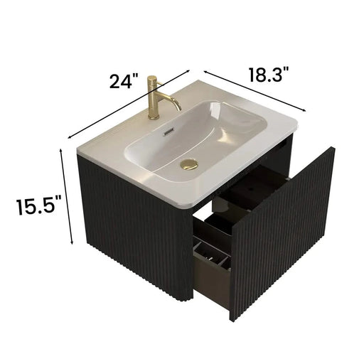 U056-Etna24W-308 Etna 24' Striped Brushed Black Oak Floating Bathroom Vanity with White Ceramic Sink, Bathroom Vanity for Modern Bathroom, One-Piece White Sink Basin without Drain, Pre-assembled Default -DTYStore