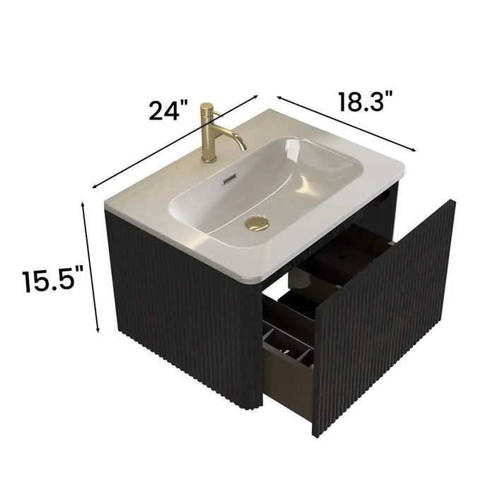 U056-Etna24W-308 Etna 24' Striped Brushed Black Oak Floating Bathroom Vanity with White Ceramic Sink, Bathroom Vanity for Modern Bathroom, One-Piece White Sink Basin without Drain, Pre-assembled Default -DTYStore