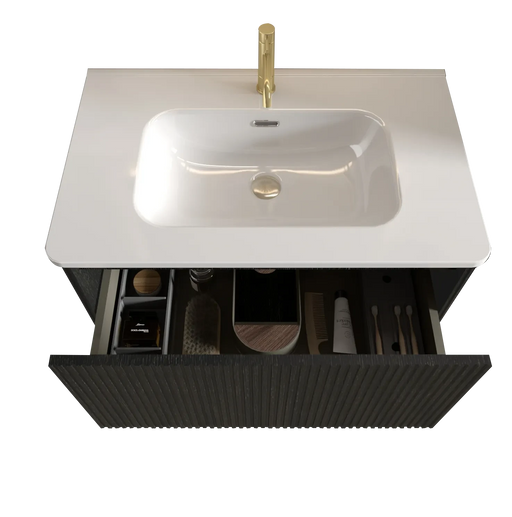 U057-Etna30W-308 Etna 30' Striped Brushed Black Oak Floating Bathroom Vanity with White Ceramic Sink, Bathroom Vanity for Modern Bathroom, One-Piece White Basin without Drain, Pre-assembled Default -DTYStore