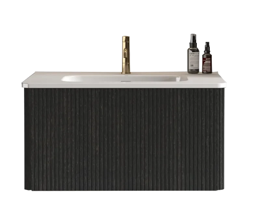 U057-Etna30W-308 Etna 30' Striped Brushed Black Oak Floating Bathroom Vanity with White Ceramic Sink, Bathroom Vanity for Modern Bathroom, One-Piece White Basin without Drain, Pre-assembled Default -DTYStore