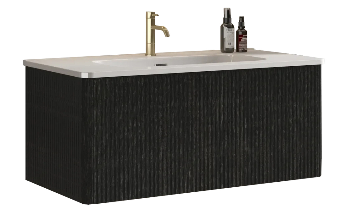 U058-Etna36W-308 Etna 36' Striped Brushed Black Oak Floating Bathroom Vanity with White Ceramic Sink, Bathroom Vanity for Modern Bathroom, Pre-assembled Default -DTYStore