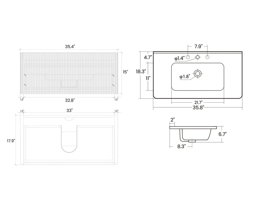 U058-Etna36W-308 Etna 36' Striped Brushed Black Oak Floating Bathroom Vanity with White Ceramic Sink, Bathroom Vanity for Modern Bathroom, Pre-assembled Default -DTYStore