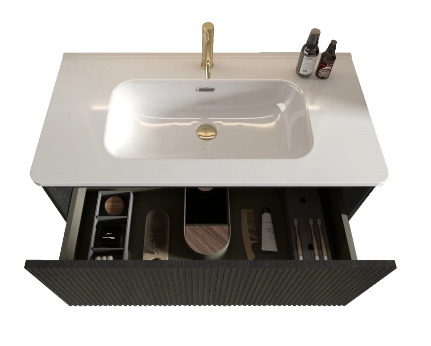 U058-Etna36W-308 Etna 36' Striped Brushed Black Oak Floating Bathroom Vanity with White Ceramic Sink, Bathroom Vanity for Modern Bathroom, Pre-assembled Default -DTYStore