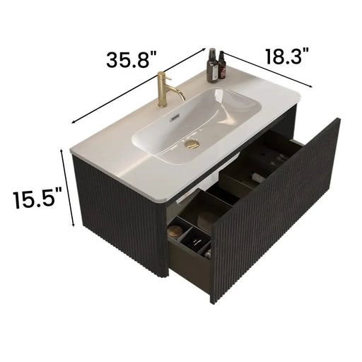 U058-Etna36W-308 Etna 36' Striped Brushed Black Oak Floating Bathroom Vanity with White Ceramic Sink, Bathroom Vanity for Modern Bathroom, Pre-assembled Default -DTYStore