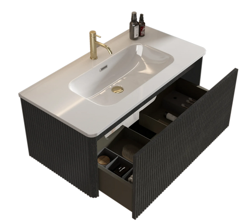 U058-Etna36W-308 Etna 36' Striped Brushed Black Oak Floating Bathroom Vanity with White Ceramic Sink, Bathroom Vanity for Modern Bathroom, Pre-assembled Default -DTYStore