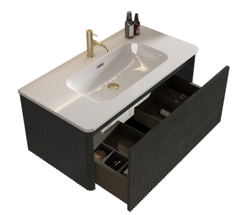U058-Etna36W-308 Etna 36' Striped Brushed Black Oak Floating Bathroom Vanity with White Ceramic Sink, Bathroom Vanity for Modern Bathroom, Pre-assembled Default -DTYStore