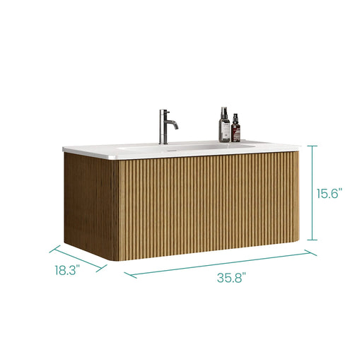 U088-Etna36W-306 Etna 36'Striped Natural Oak Bathroom Vanity with White Ceramic Sink, Wall Mounted Floating Bathroom Vanity for Modern Bathroom, One-Piece White Basin without Drain, Pre-assembled Default -DTYStore