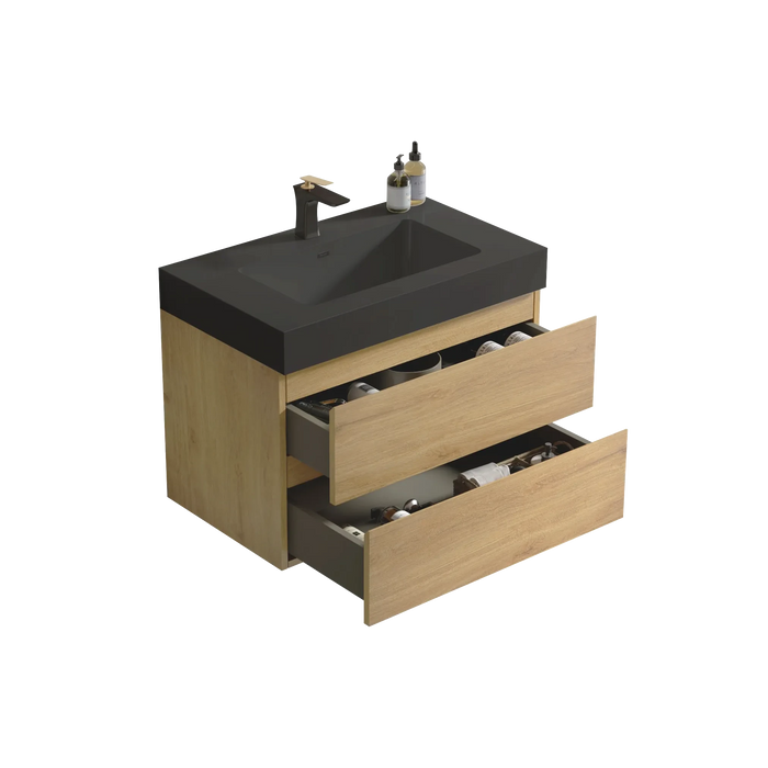 U091-Alice30W-106 Alice 30' Natural Oak Bathroom Vanity with Sink, Large Storage Wall Mounted Floating Bathroom Vanity for Modern Bathroom, One-Piece Black Sink Basin WITHOUT Drain, Pre-assembled Default -DTYStore