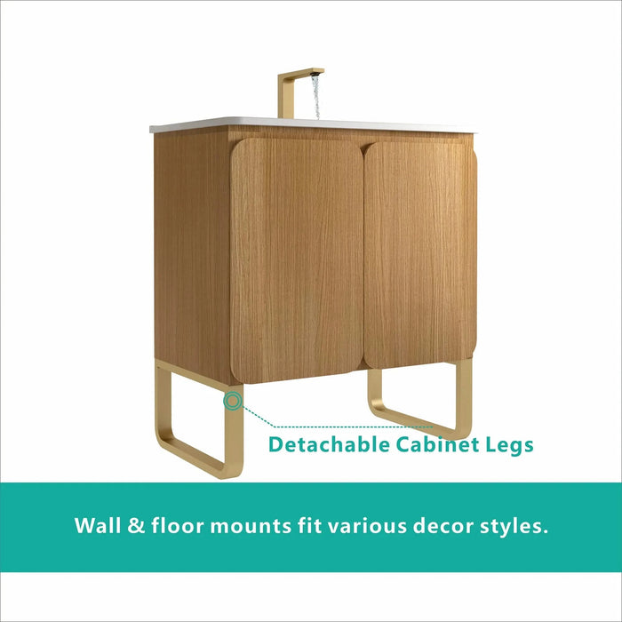 U093-Dalia30F-107 30' Freestanding & Wall Mounted Light Wood Bathroom Vanity with Ceramic Sink , Large Storage Vanity 2 Doors and Metal Support for Modern Bathrooms, KD Default -DTYStore