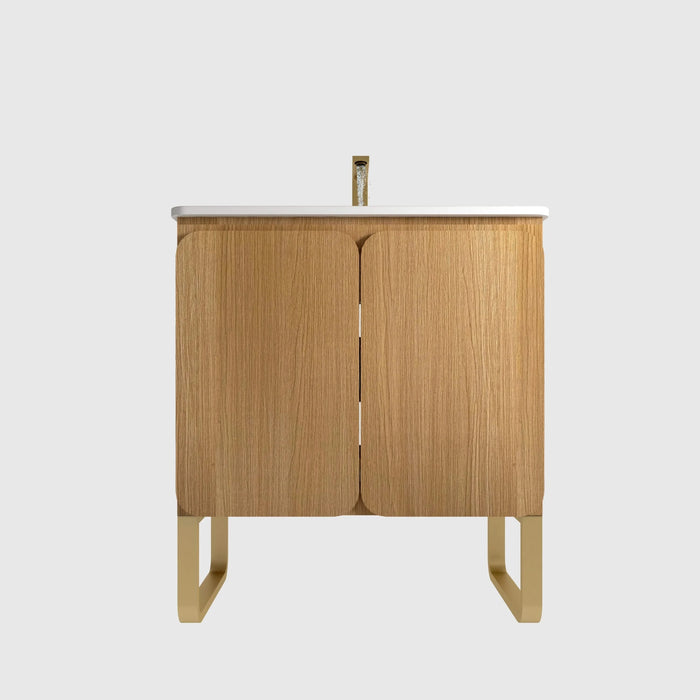 U093-Dalia30F-107 30' Freestanding & Wall Mounted Light Wood Bathroom Vanity with Ceramic Sink , Large Storage Vanity 2 Doors and Metal Support for Modern Bathrooms, KD Default -DTYStore