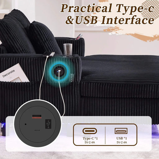 UNITED WE WIN Modern Corduroy Oversized Recliner Sofa with Deep Seat, 3 Pillows, USB Charging, RGB LED Light Strip, Cup Holder, Side Pocket - Suitable for Living Room and Bedroom Default -DTYStore