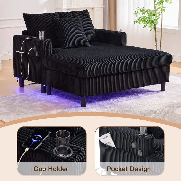 UNITED WE WIN Modern Corduroy Oversized Recliner Sofa with Deep Seat, 3 Pillows, USB Charging, RGB LED Light Strip, Cup Holder, Side Pocket - Suitable for Living Room and Bedroom Default -DTYStore