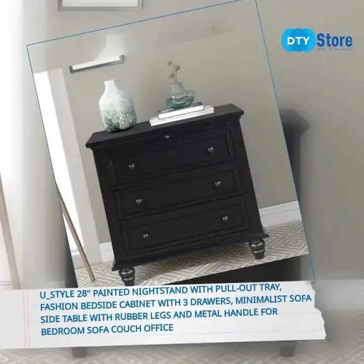 U_STYLE 28'' Painted Nightstand with pull-out tray, Fashion Bedside Cabinet with 3 Drawers, Minimalist Sofa Side Table with rubber legs and Metal handle for Bedroom Sofa Couch Office Default -DTYStore