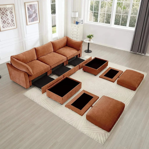 U Shape 3 Seater Deep Seat Sofa Couch with Ottomans,3-Seat Sofa with with 2 Movable Ottomans, Oversized Modular Sectional Sofa with Storage Pull out Drawer Under Each Seat,Chenille Orange -DTYStore