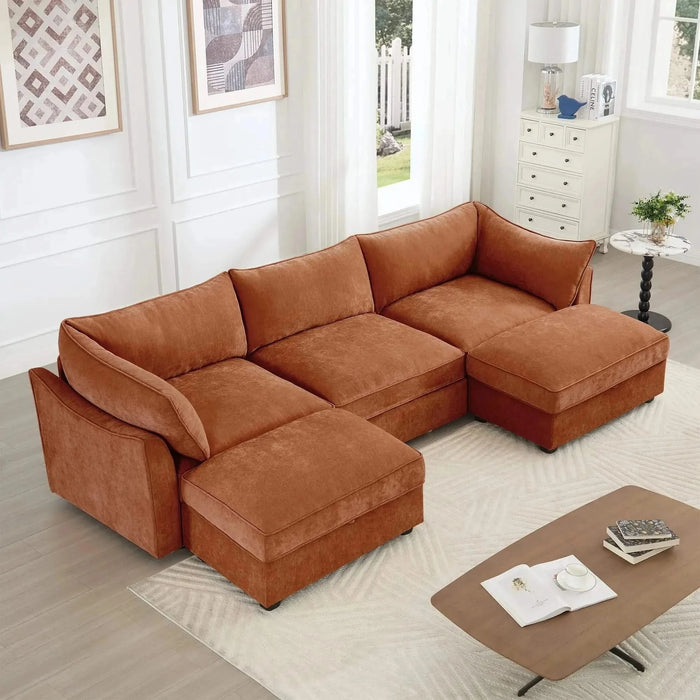 U Shape 3 Seater Deep Seat Sofa Couch with Ottomans,3-Seat Sofa with with 2 Movable Ottomans, Oversized Modular Sectional Sofa with Storage Pull out Drawer Under Each Seat,Chenille Orange -DTYStore