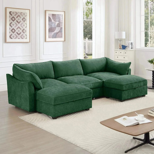 U Shape 3 Seater Deep Seat Sofa Couch with Ottomans,3-Seat Sofa with with 2 Movable Ottomans, Oversized Modular Sectional Sofa with Storage Pull out Drawer Under Each Seat,Chenille Green -DTYStore