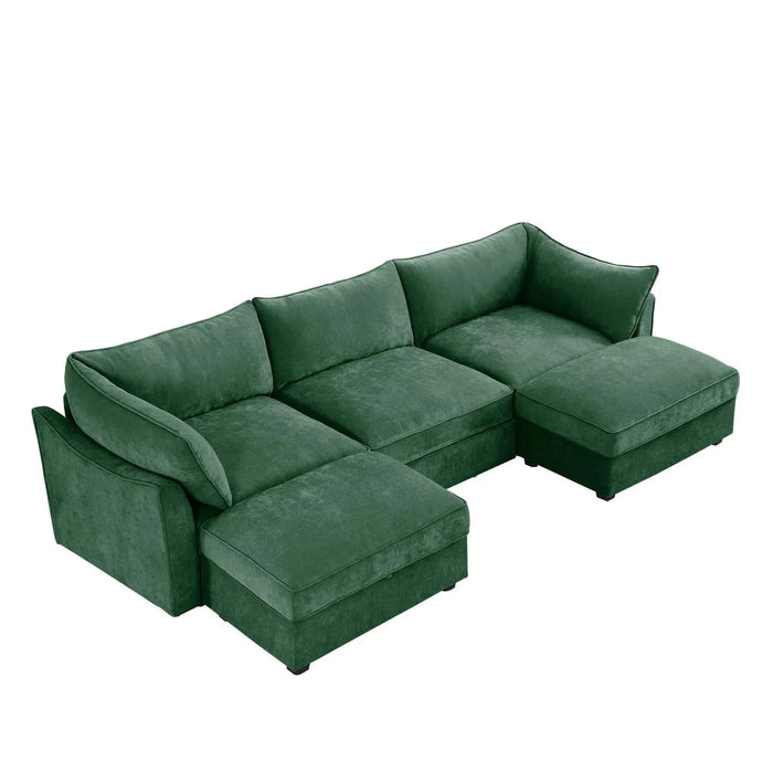 U Shape 3 Seater Deep Seat Sofa Couch with Ottomans,3-Seat Sofa with with 2 Movable Ottomans, Oversized Modular Sectional Sofa with Storage Pull out Drawer Under Each Seat,Chenille Green -DTYStore