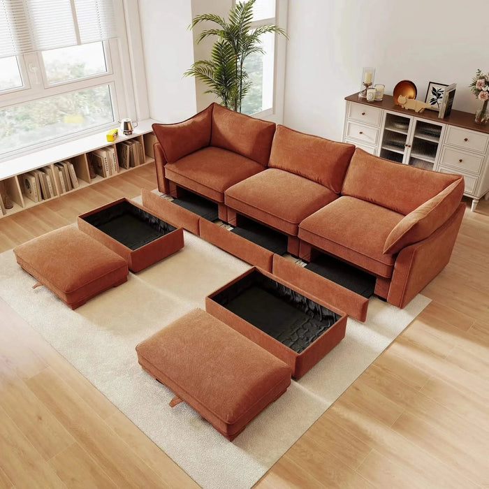 U Shape 3 Seater Deep Seat Sofa Couch with Ottomans,3-Seat Sofa with with 2 Movable Ottomans, Oversized Modular Sectional Sofa with Storage Pull out Drawer Under Each Seat,Chenille Orange -DTYStore