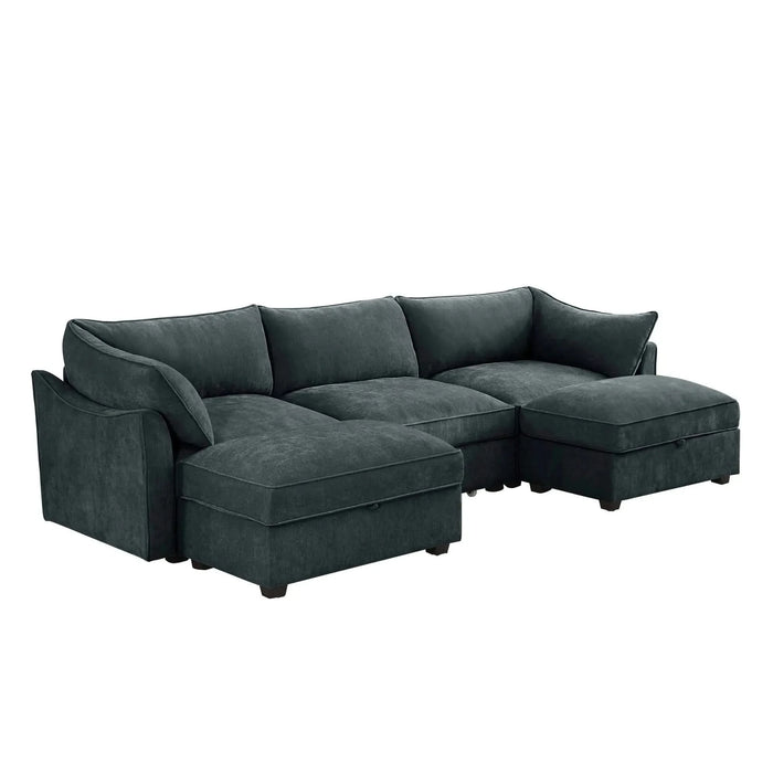 U Shape 3 Seater Deep Seat Sofa Couch with Ottomans,3-Seat Sofa with with 2 Movable Ottomans, Oversized Modular Sectional Sofa with Storage Pull out Drawer Under Each Seat,Chenille Gray -DTYStore